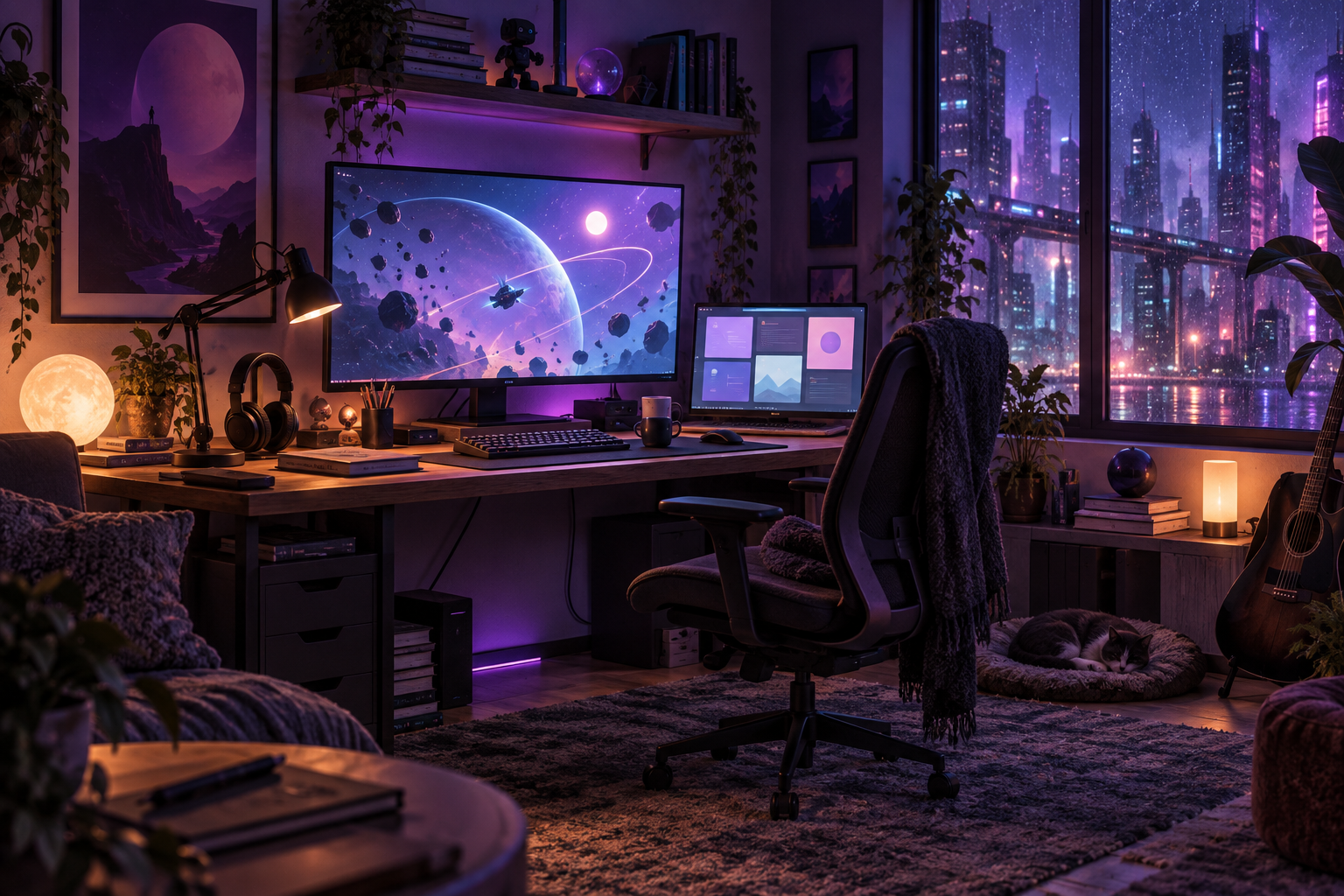 Concept illustration of a solo developer’s workspace overlooking a futuristic city
